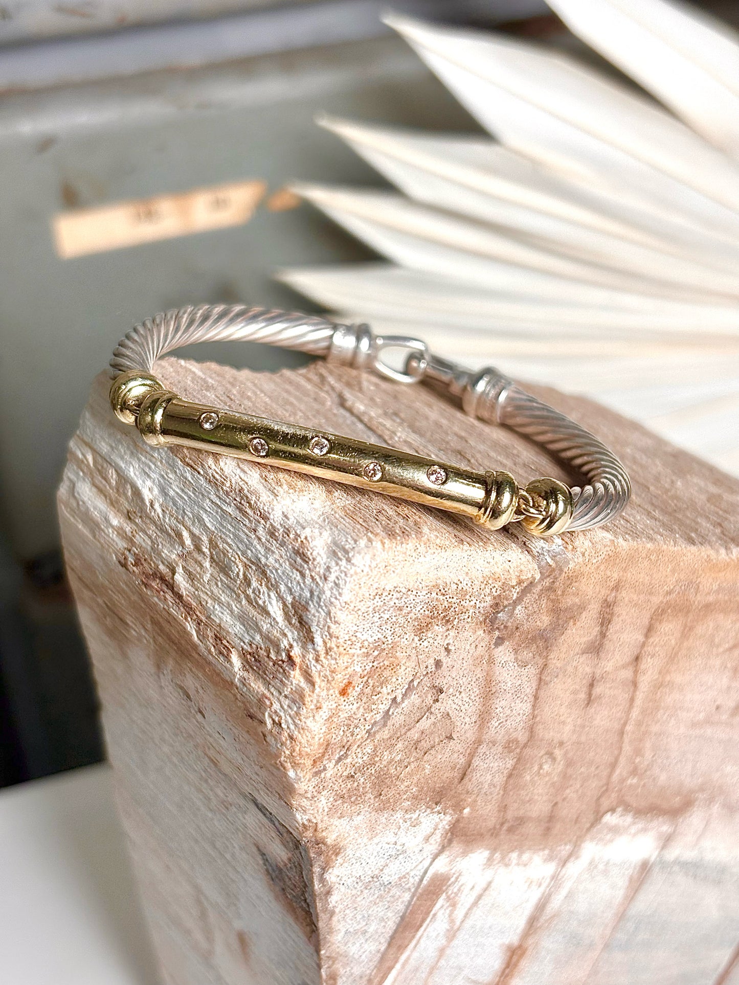 David Yurman Cable Twist, Diamond Bar 14K Gold Bracelet