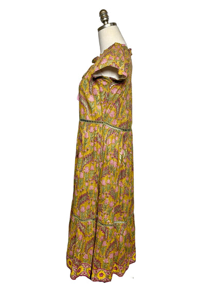 Women Size XS Clara the Label Olive Green Pink Gold Print Cotton NWT Pre-Owned Midi Dress