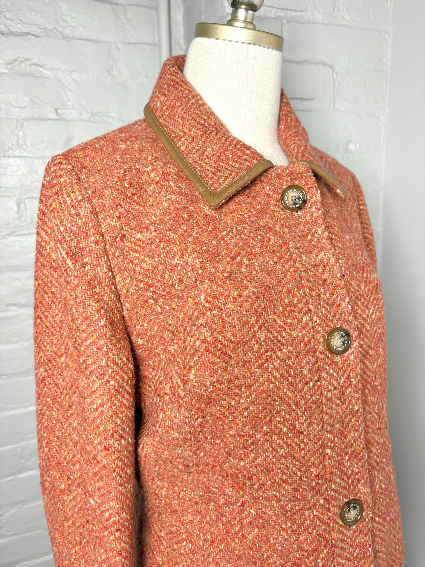 Women Size L Coach Rust Orange Dress Coat w/Leather Trim
