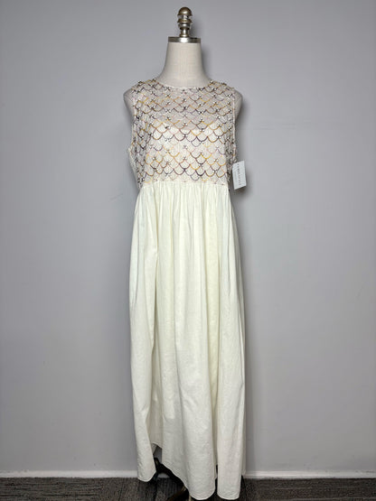 Women Size 1 (2 - 4 US) Megan Park Cream Scalloped Pure Cotton Pre-owned Dress