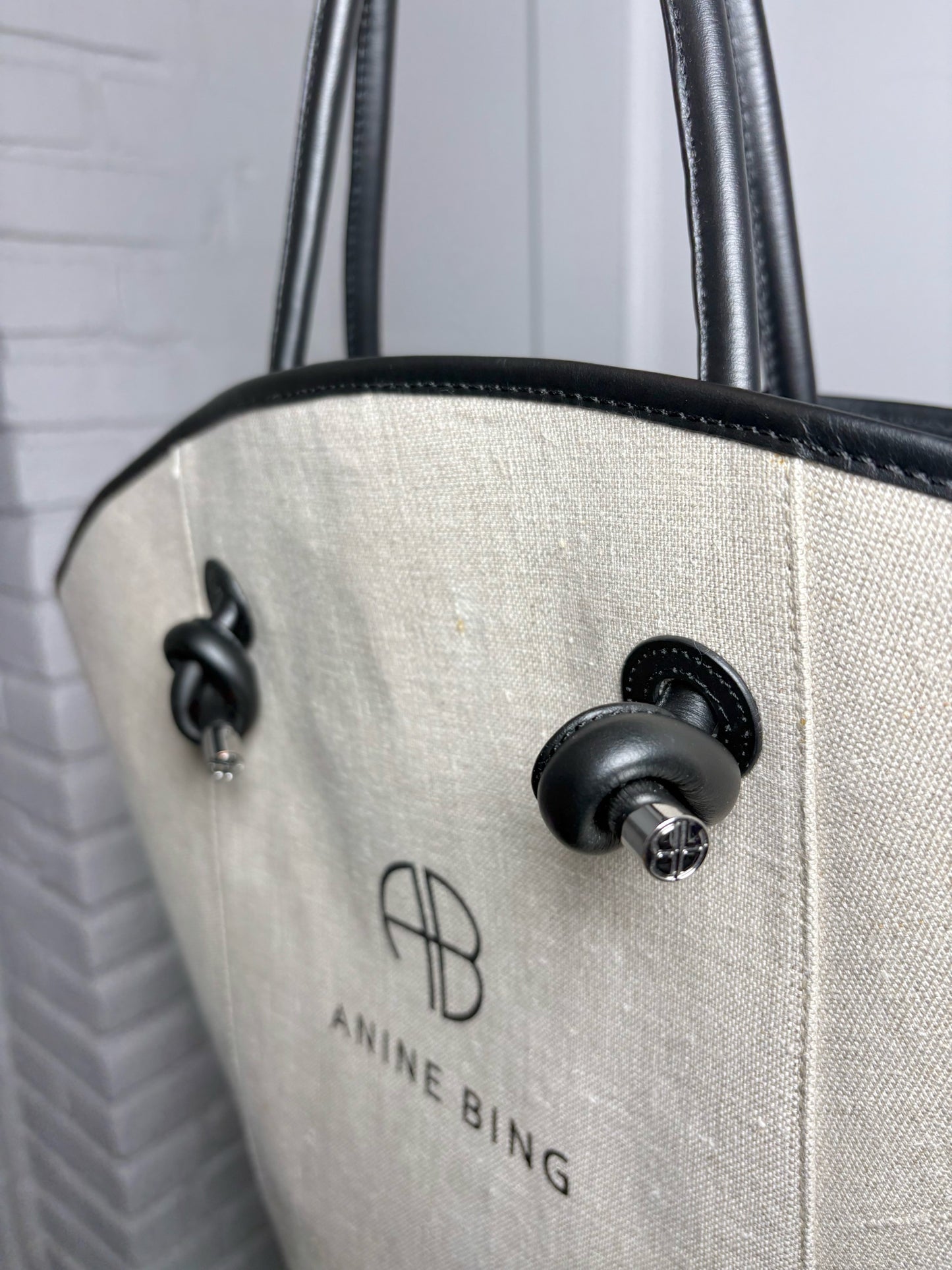 Anine Bing Logo Cotton Khaki Leather Trim Logo Taylin Tote