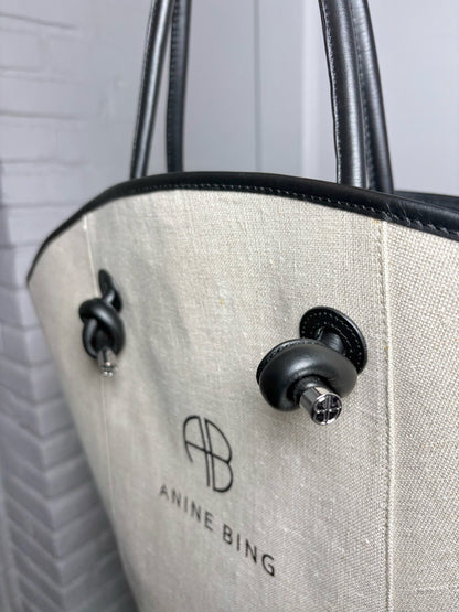 Anine Bing Logo Cotton Khaki Leather Trim Logo Taylin Tote