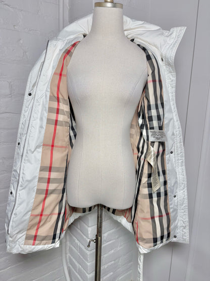 Women Size XS Burberry Brit White Goose Down Puffer Belted Coat