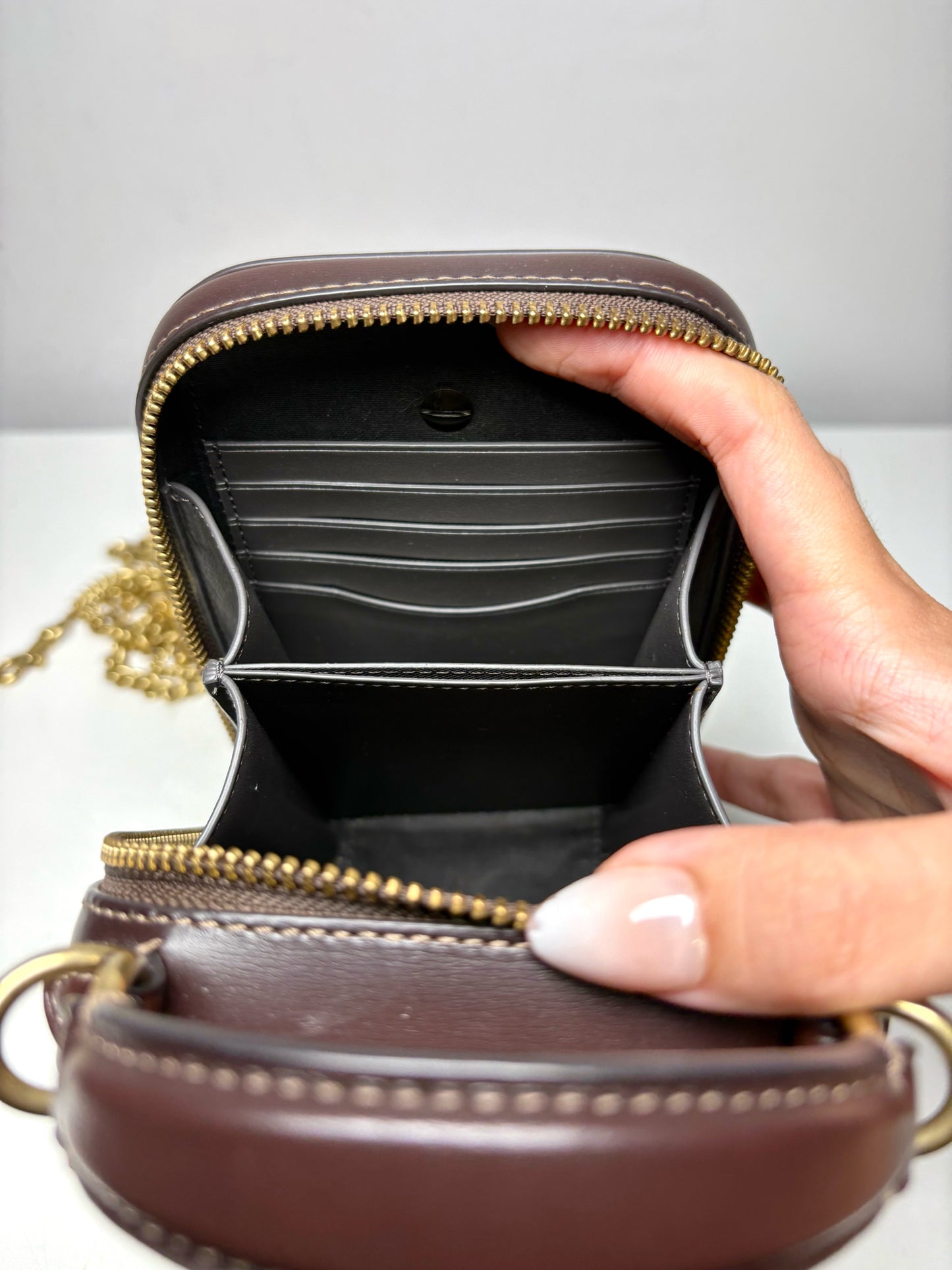 Women's Coach Alie Camera Brown Tan Monogram Pre-Owned Chain Crossbody Bag with Custom Charm