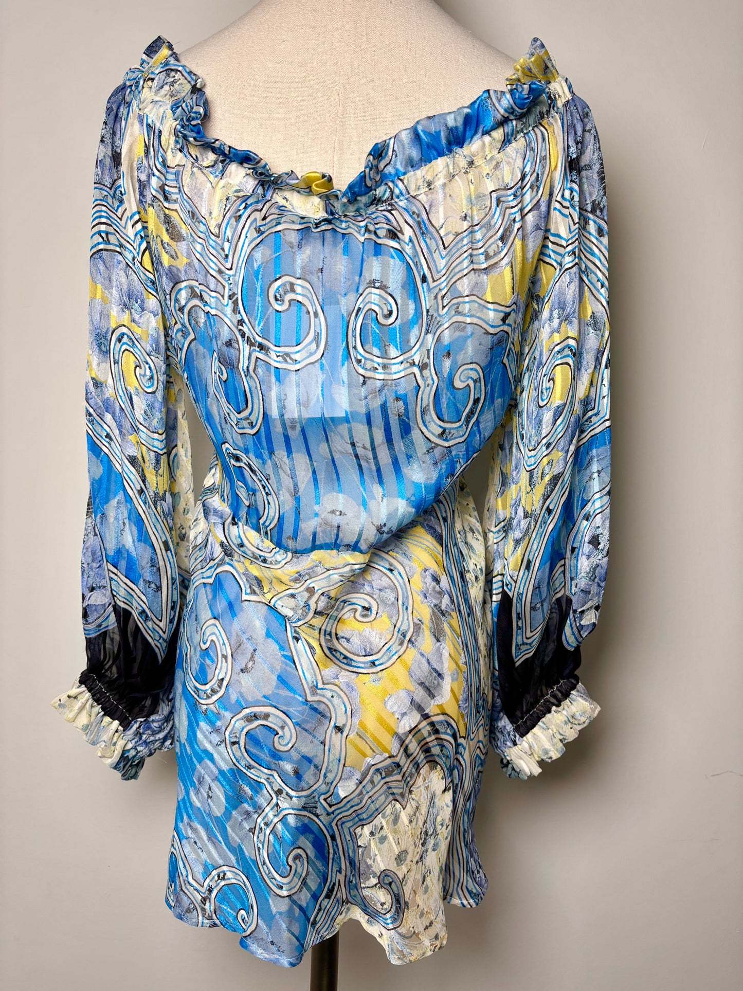 Women Size L Roberto Cavalli Blue, Yellow, Black Abstract Print Silk Boho Blouse