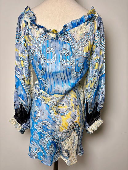 Women Size L Roberto Cavalli Blue, Yellow, Black Abstract Print Silk Boho Blouse