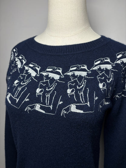 Women's Chanel 2012 Mademoiselle Coco Chanel Embroidered Blue Pure Cashmere Pre-Owned Sweater