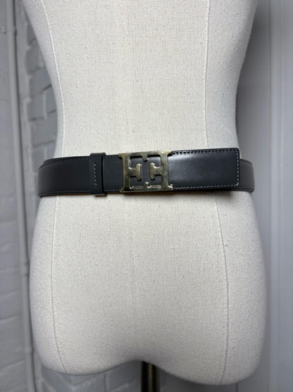 Escada Leather Charcoal  L/XL Belt EE Gold Tone Logo