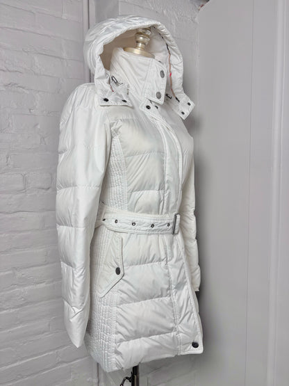 Women Size XS Burberry Brit White Goose Down Puffer Belted Coat