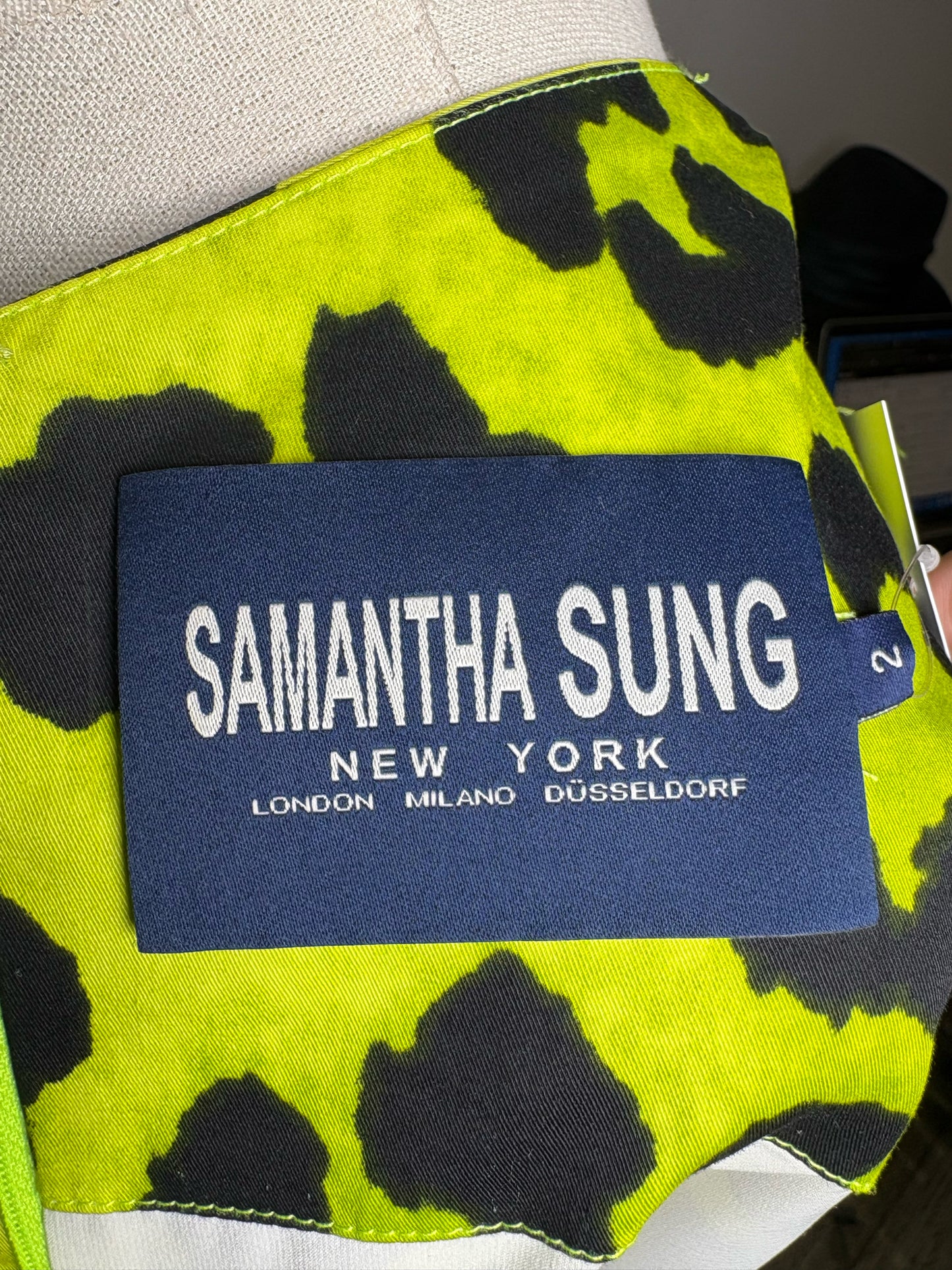 Women Size 2 (S) Samantha Sung Neon Green, Black Leopard Spots 100% Cotton Dress