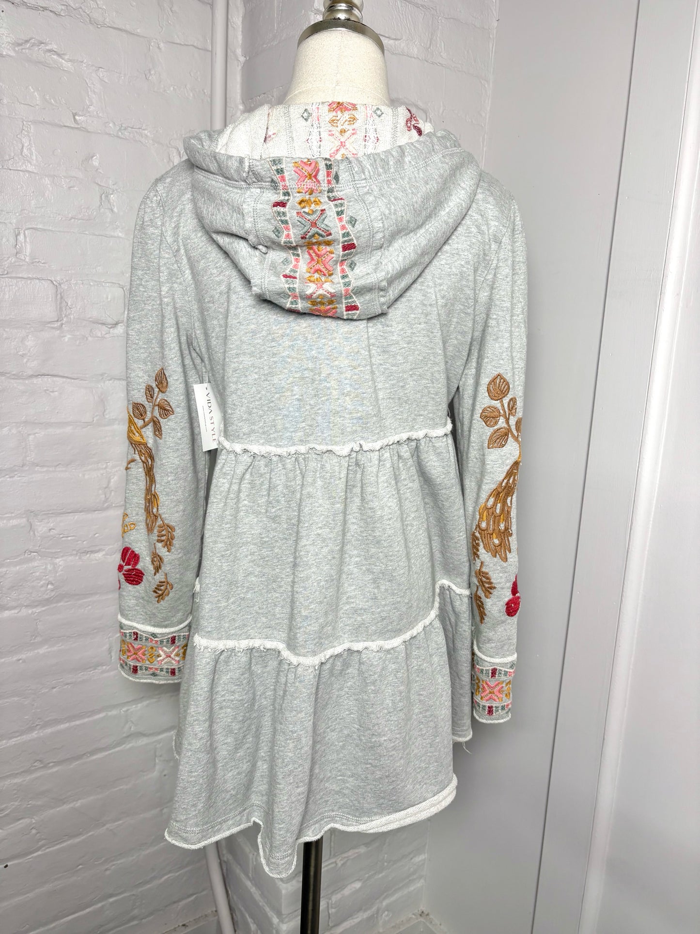 Women Size S Johnny Was Gray Embroidered Cotton Zip Front Hood Jacket