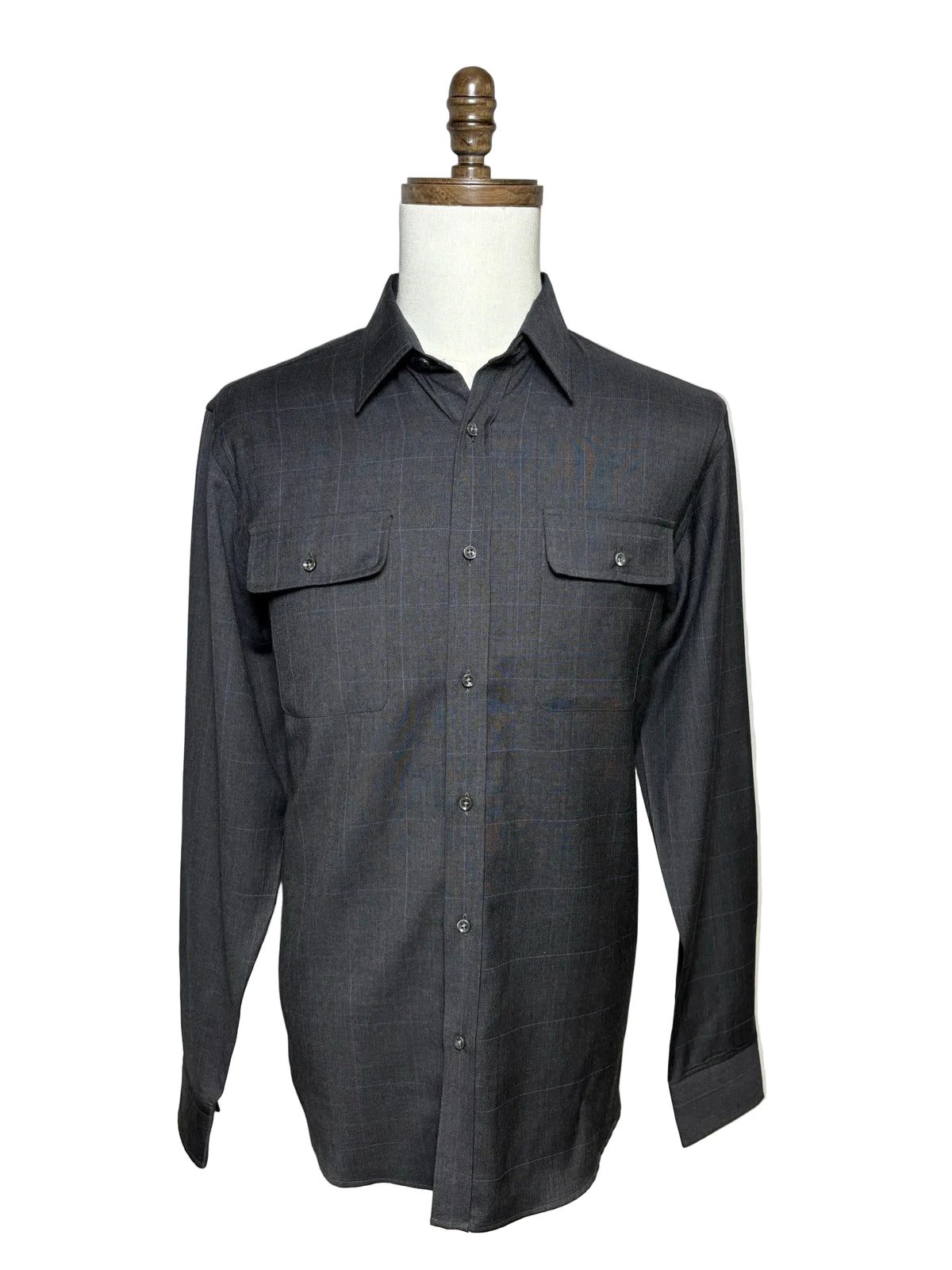 Grey men's button up with two pockets and a subtle purple check pattern