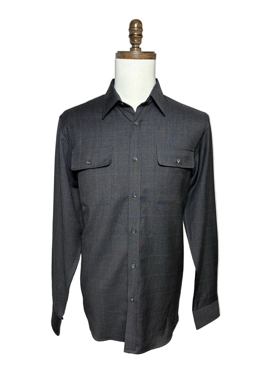 Grey men's button up with two pockets and a subtle purple check pattern