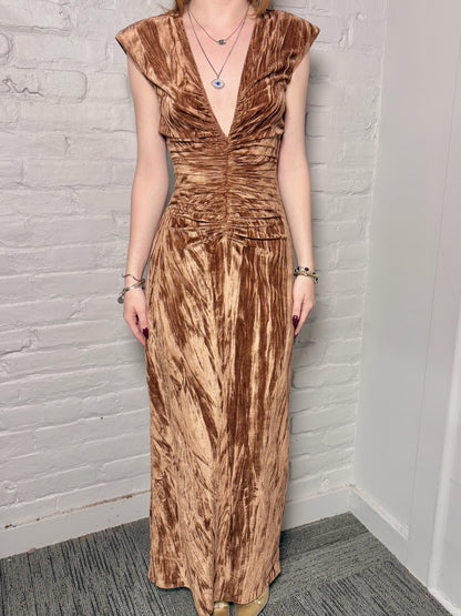 Women Size XS Ronny Kobo "Hayley Dress" Caramel Crushed Velvet Midi Dress