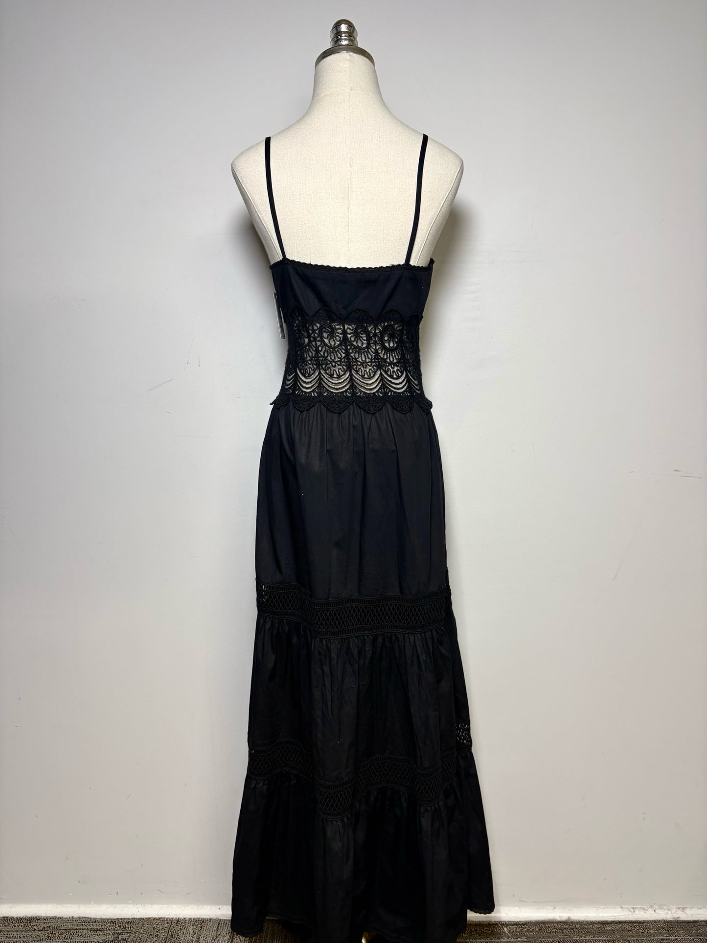 Women Size L Loretta Caponi Firenze Black Pure Cotton with Lace Pre-Owned Midi Dress