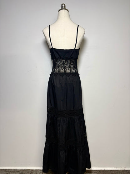 Women Size L Loretta Caponi Firenze Black Pure Cotton with Lace Pre-Owned Midi Dress