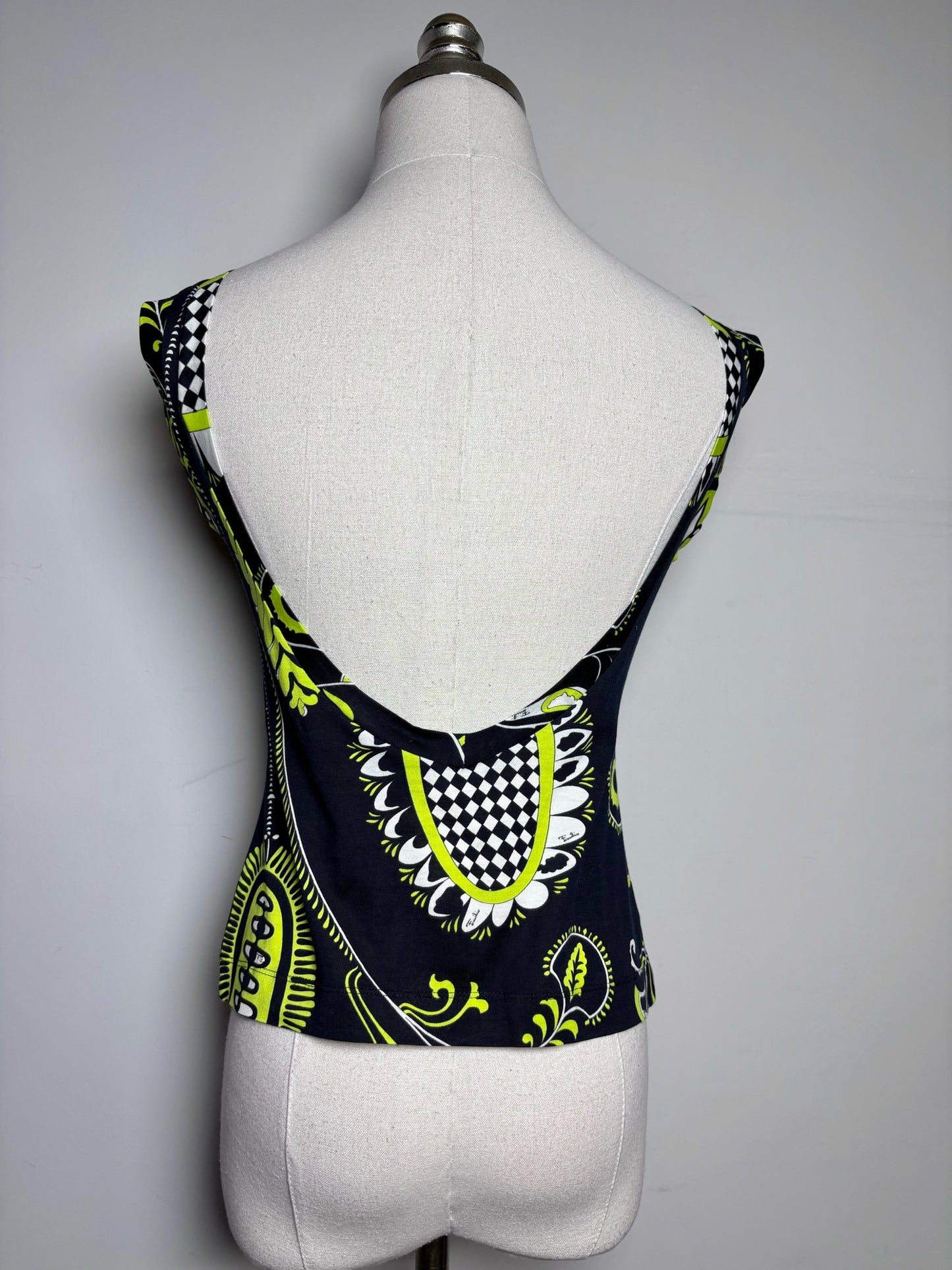Women Size 6 (M) Emilio Pucci Black, Chartreuse, White Abstract Print Top