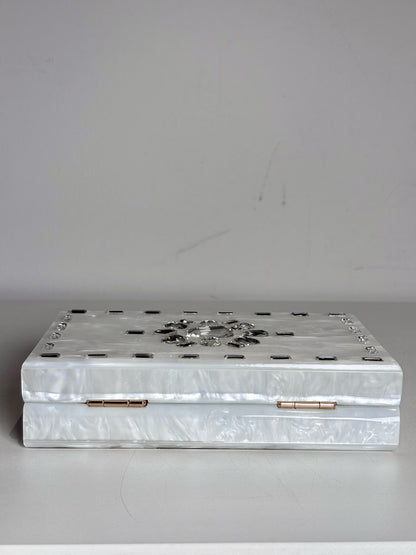 Asha Pearlescent Hardshell Crystal Embel  Pre-owned, NWT White Small Purse