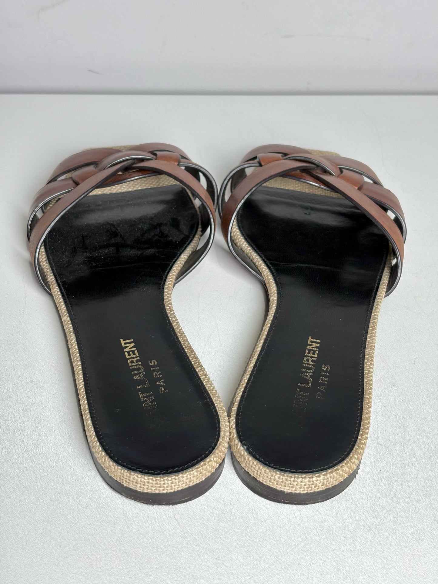 W Shoe Size 38.5 Saint Laurent Brown Leather Calf Women's Pre-owned Sandals