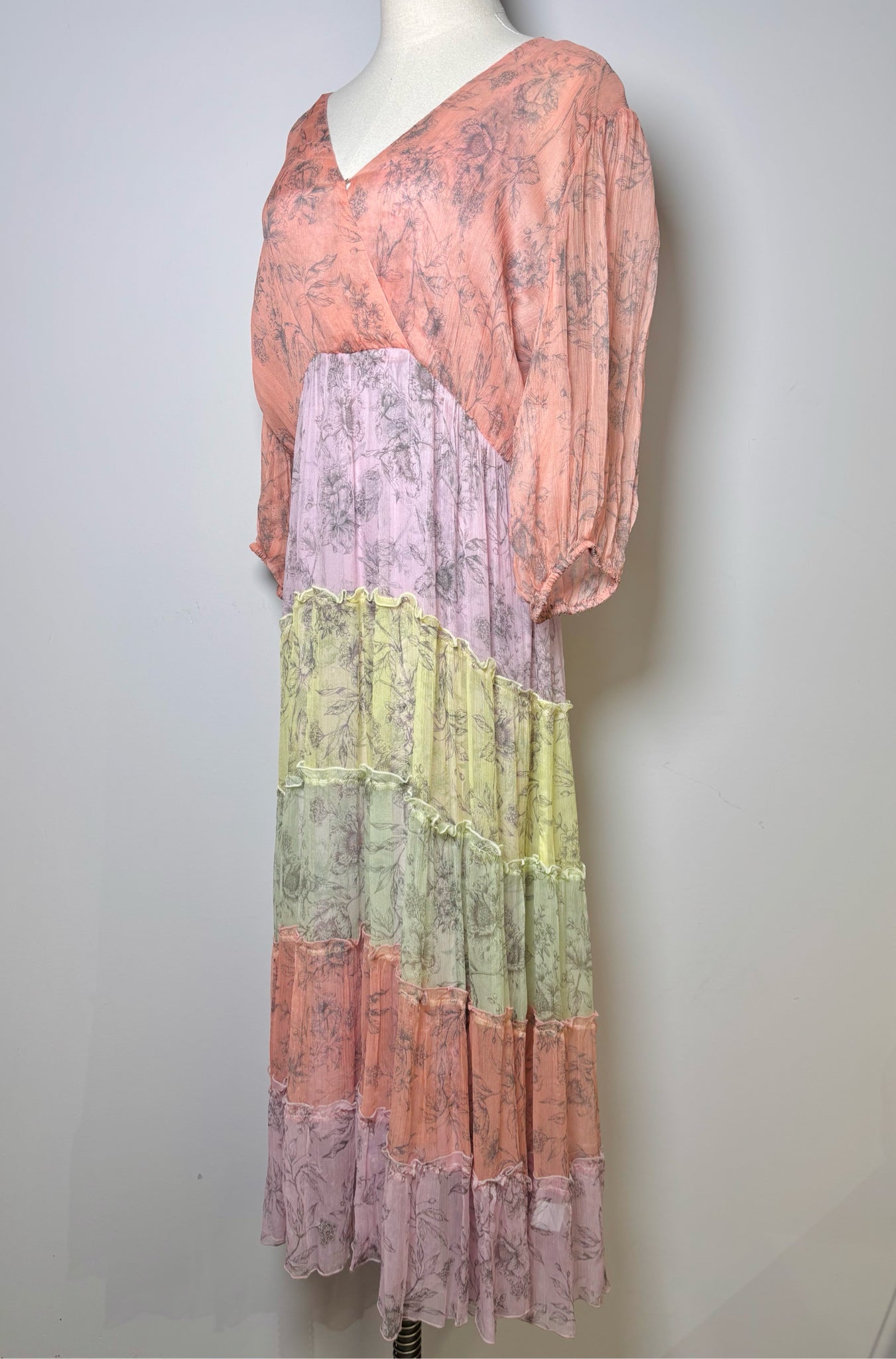 Women Size L Johnny Was Salmon, Yellow, Coral, Lavender Jade Silk Dress