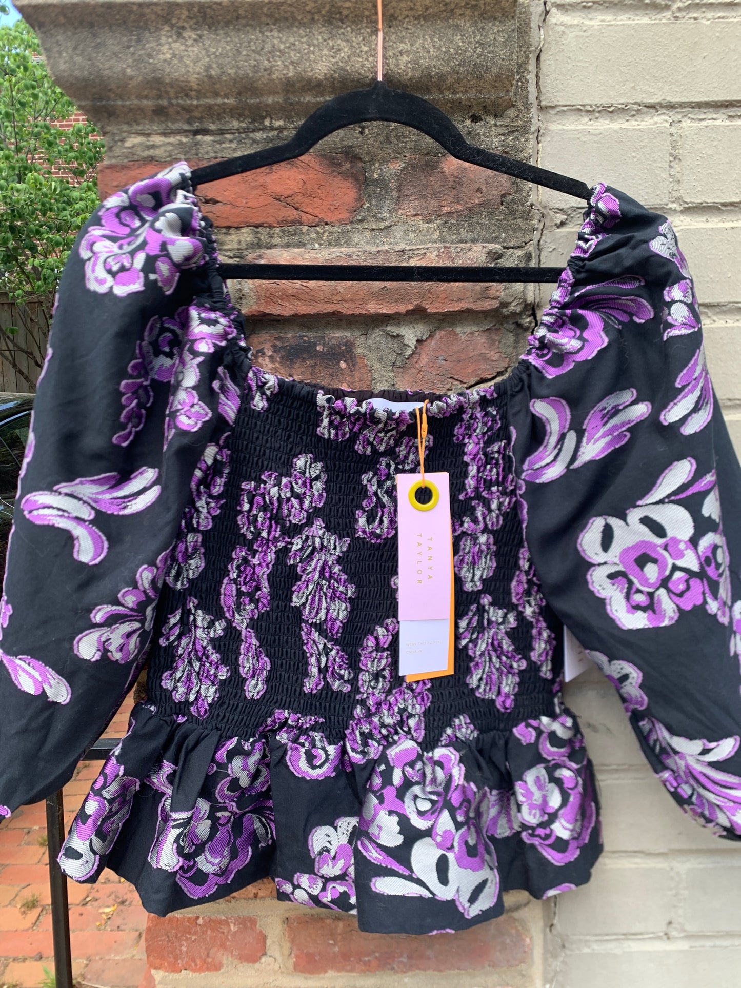 Women Size M Tanya Taylor Purple, Black, Silver Floral Print Emma NWT Blouse