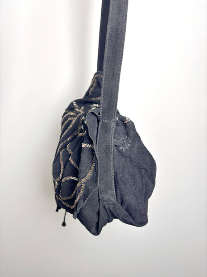 Leather Antik Batik Swirl Suede Used Black Small Purse