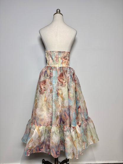 Women Size L Selkie Tan Fairies Print Strapless Pre-owned Dress