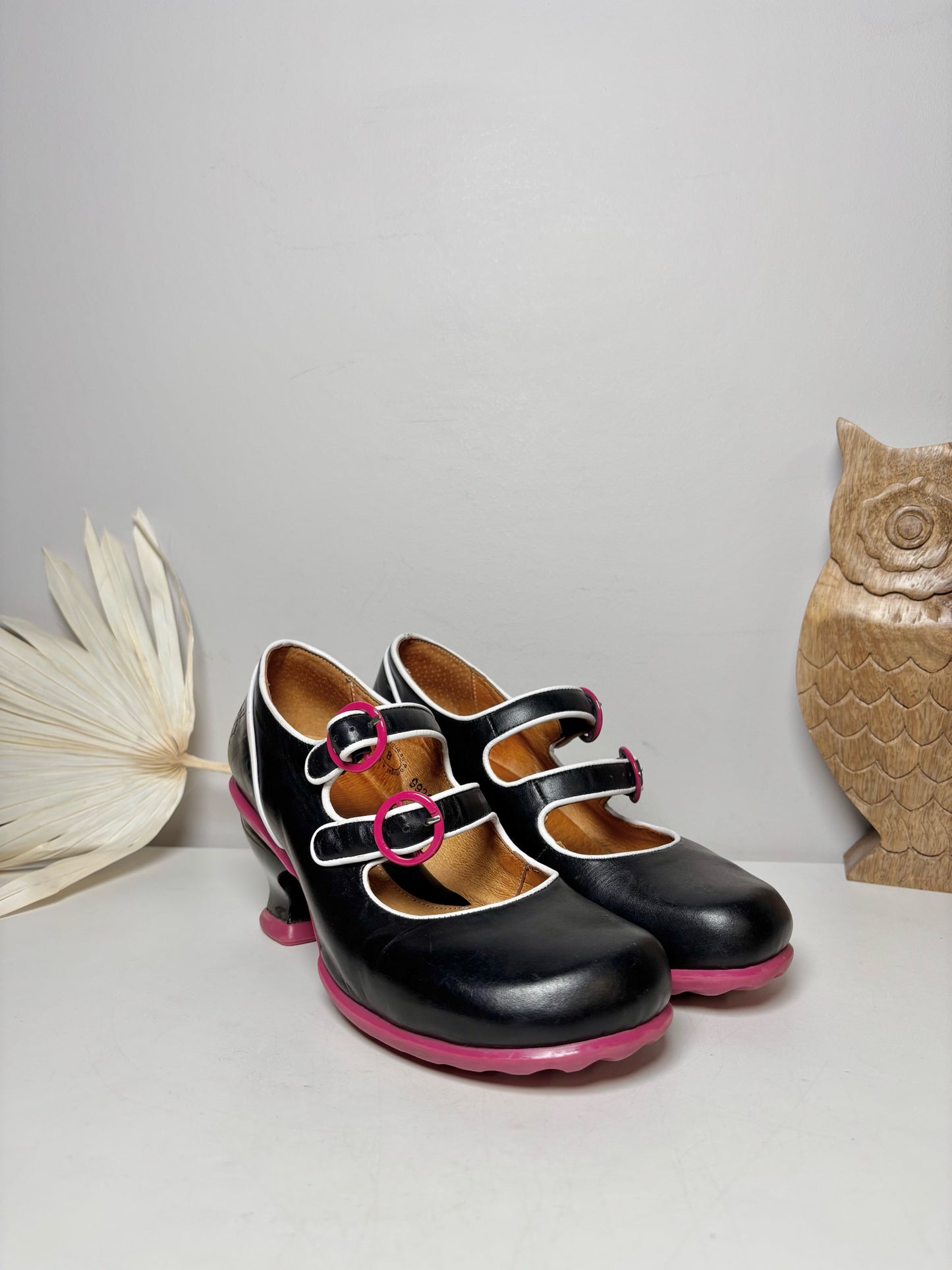 W Shoe Size 8 John Fluevog Black Leather Double Buckle Heels