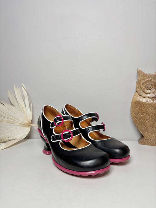 W Shoe Size 8 John Fluevog Black Leather Double Buckle Heels