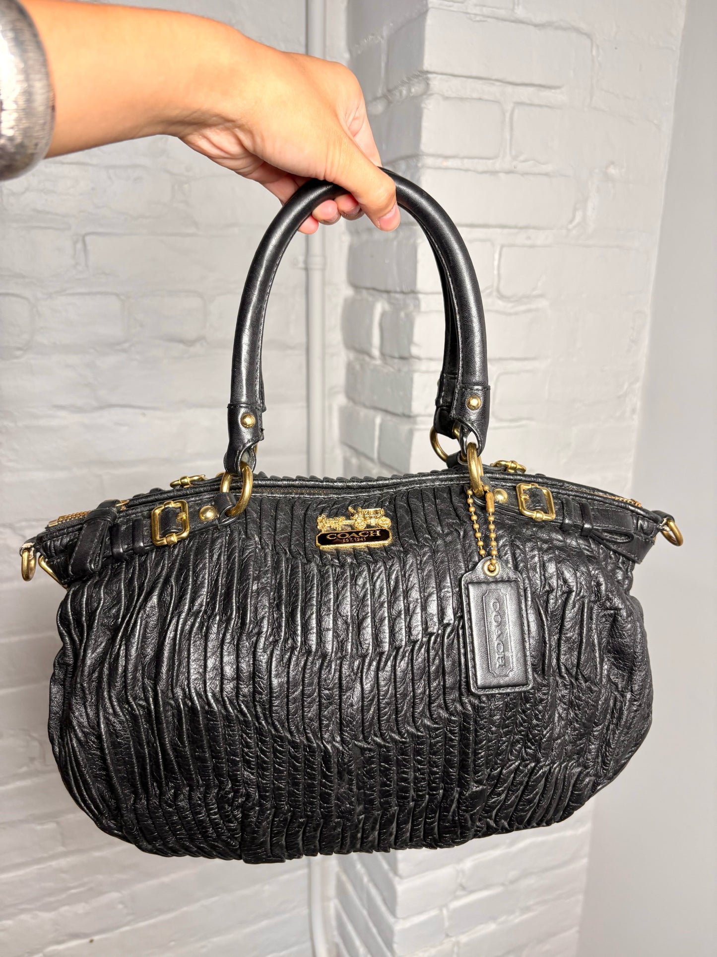 Coach Pleated Vintage Leather Black Handle#18620 Purse