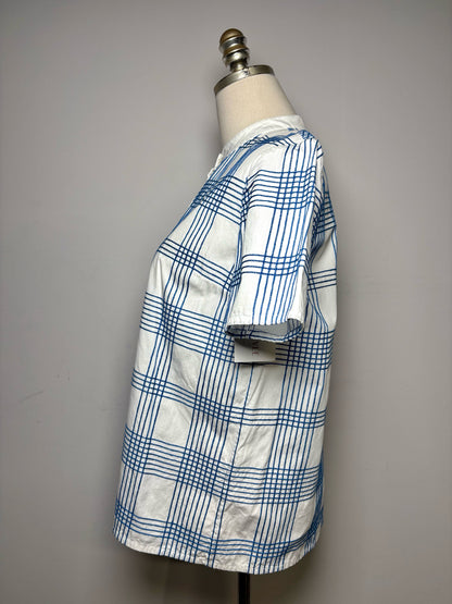 Women's Size 6 Tory Burch Blue & White Grid Print Cotton Pre-Owned Button-Up Top