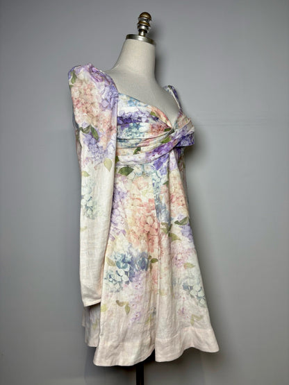 Women Size 1 Zimmermann White, Blue, Green, Pink Dawning Floral 100% Linen Dress