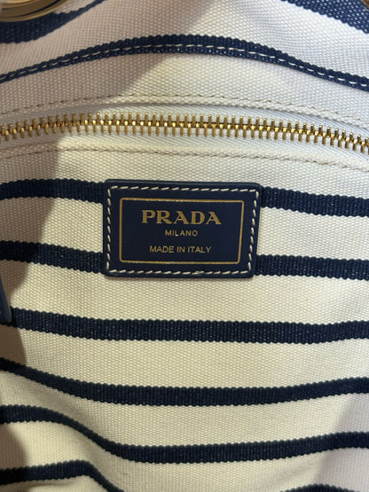 Prada Mariner Canvas Medium Bucket Bag Stripe Cream Pre-owned Purse
