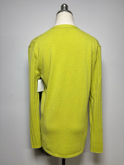 Women Size M Lafayette 148 Lime Green Striped Pure Cashmere Pre-Owned Cardigan