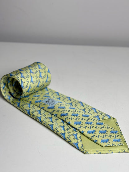 Hermes Green, Blue 100% Silk Flying Blue Bull Men's Vintage Pre-owned Tie