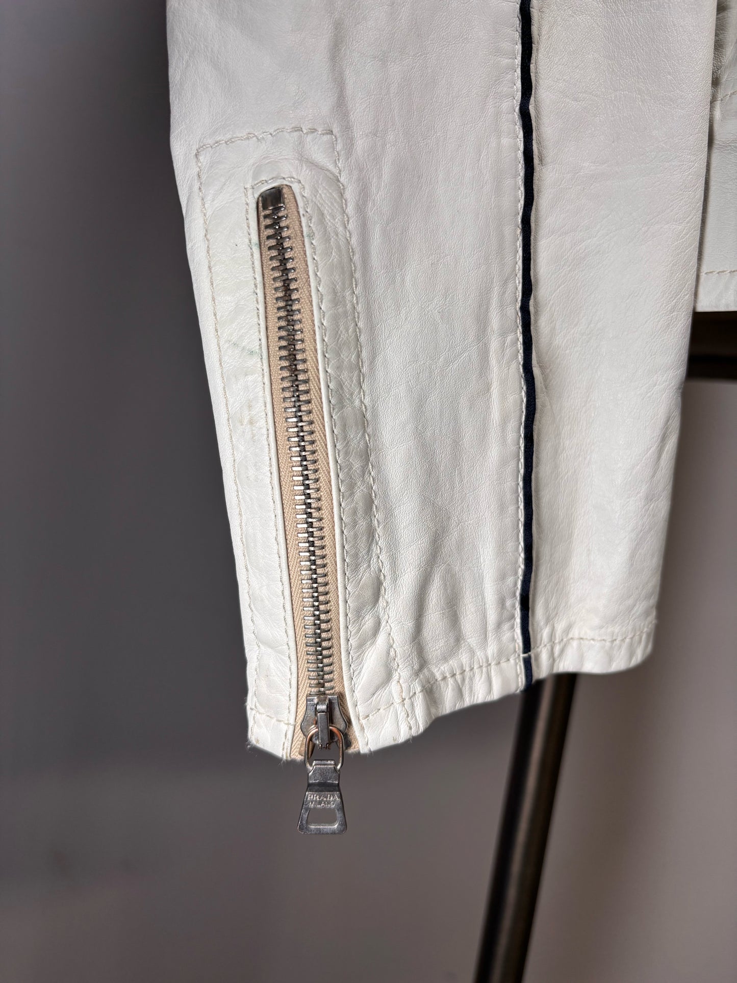 Vintage Prada White Leather Solid Men's Size 52 Moto Jacket