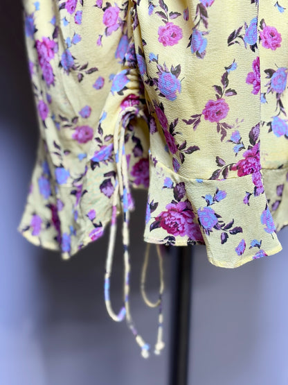 Women Size L For Love & Lemons Yellow Floral Print 92% Silk  Dress