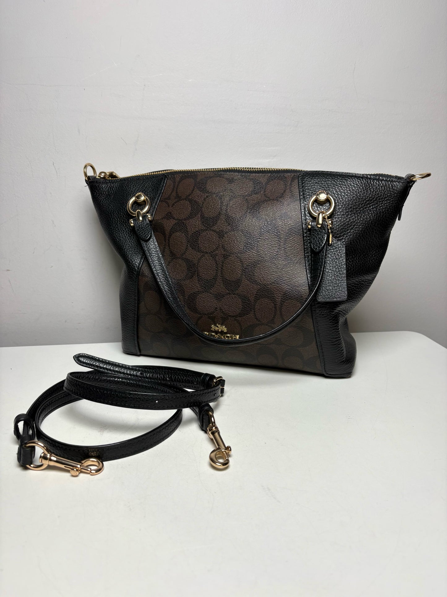 Women's Coach Kacey Brown & Black Signature Monogram Pebble Leather Pre-Owned Satchel Bag