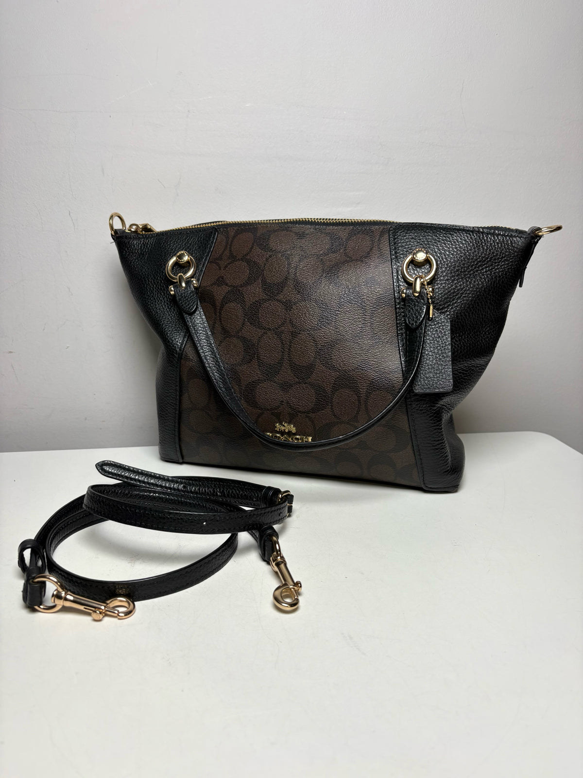 Women's Coach Kacey Brown & Black Signature Monogram Pebble Leather Pre-Owned Satchel Bag