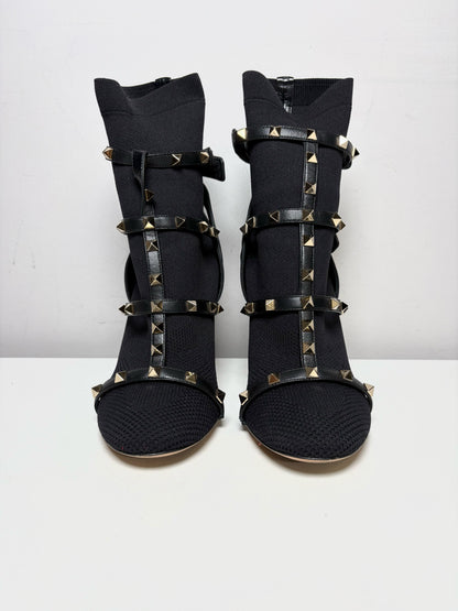 W Shoe Size 38 Valentino Garavani Black Stretc Leather Rockstud Pre-owned Boots