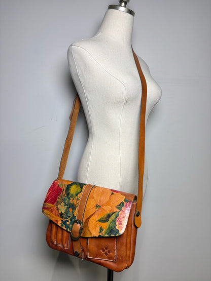 Women's Patricia Nash Saddle Bag Painted Flowers Vint Leather Pre-owned Caramel