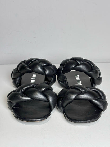 W Shoe Size 38 (8 US) Miu Miu Black Leather Women's Pre-owned Sandals