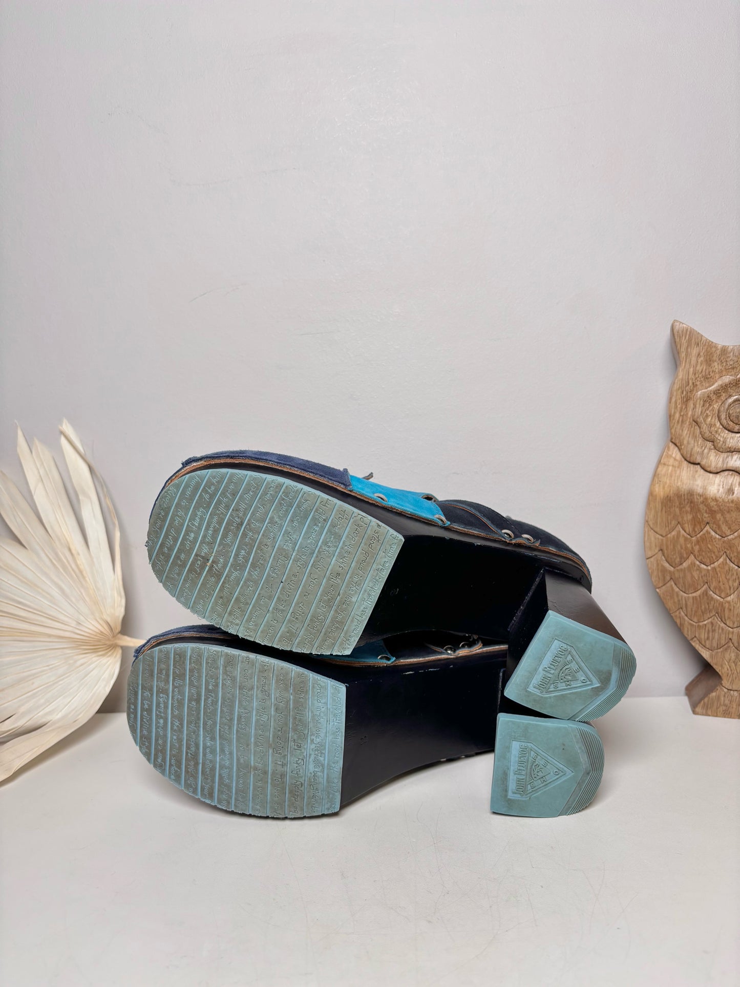 W Shoe Size 8 John Fluevog Blue, Turquoise Leather Suede Heels