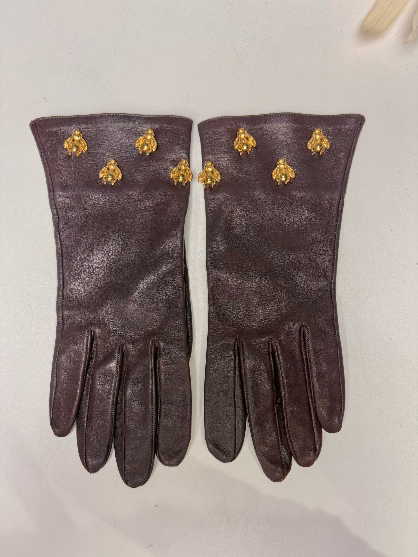 Christian Dior 8 Leather Gloves Gold Bee Embellishments