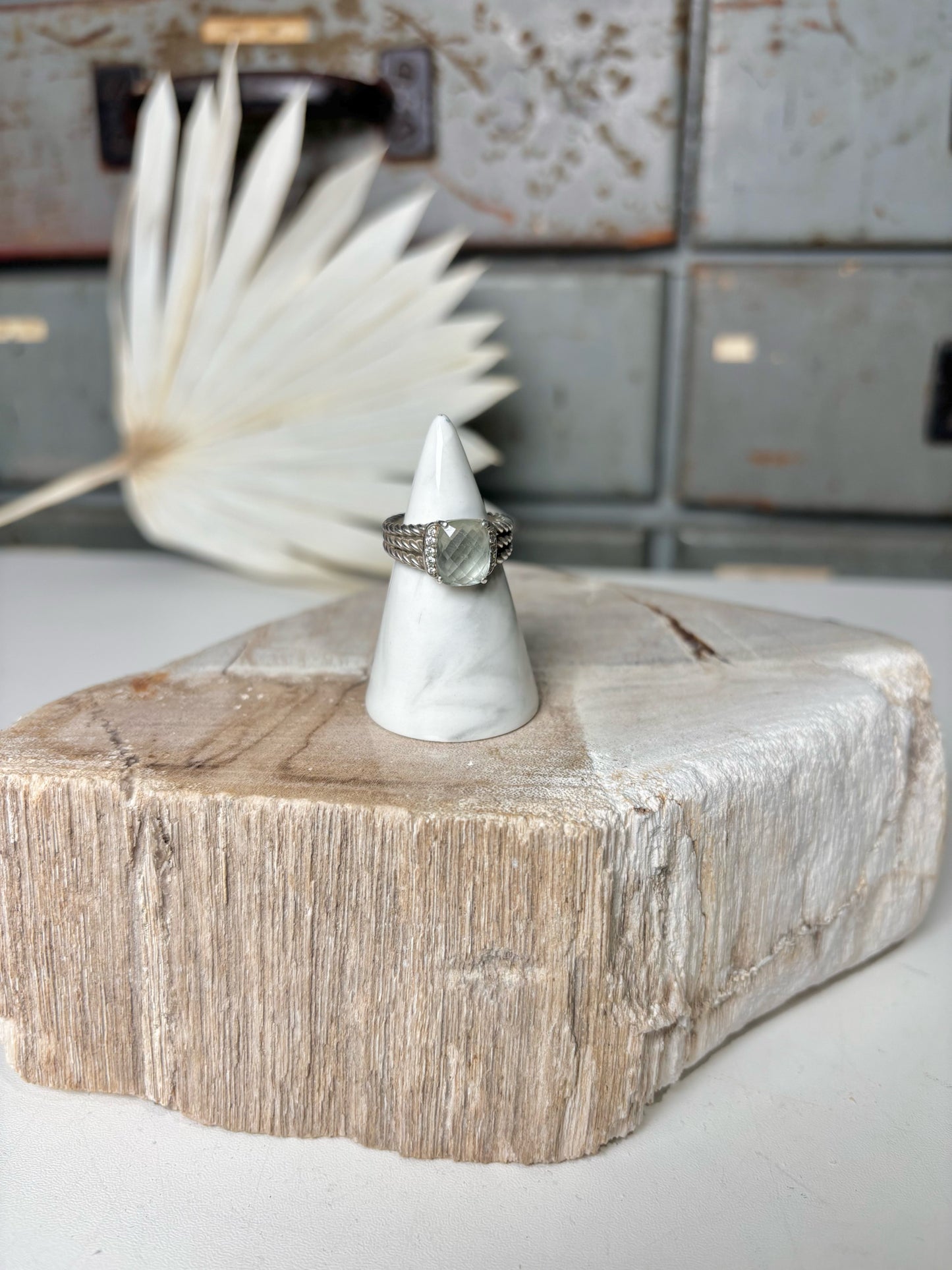 David Yurman Petite Wheaton Prasiolote, Pave' Diamonds Sz 6 Ring