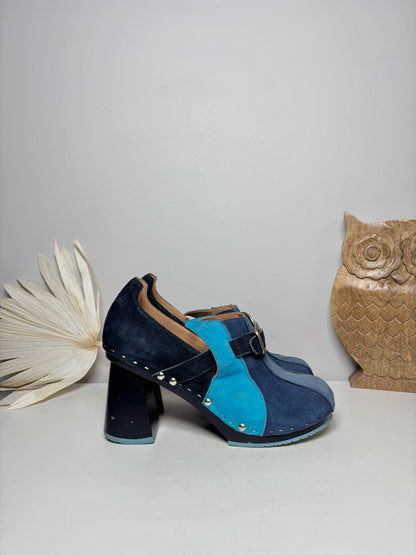 W Shoe Size 8 John Fluevog Blue, Turquoise Leather Suede Heels