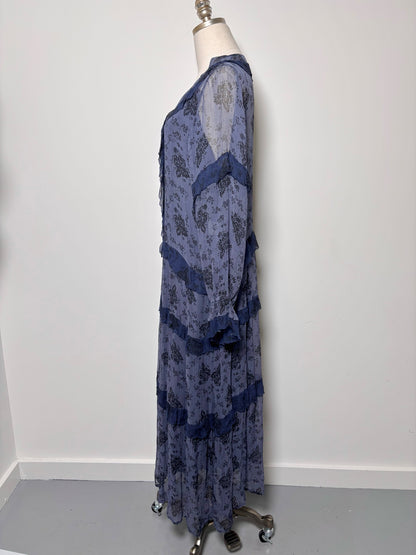 Women Size L Sundance Blue, Black Floral Print Cupro Dress