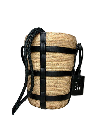 Woven bucket bag with black leather accents