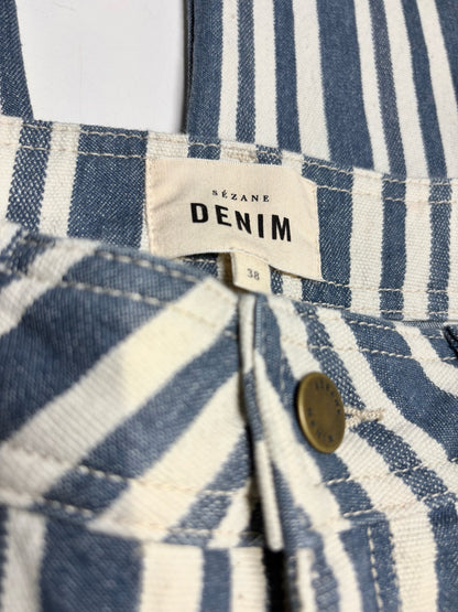 Women Size 38 Sézane Blue & White Vertical Stripe Cotton Blend Pre-Owned Wide-Leg Jeans