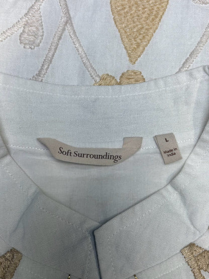 Women Size L Soft Surroundings Off-White Floral Embroidered Cotton Linen Pre-Owned Long Jacket
